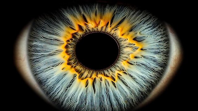 Close-up of a human eye with intricate iris patterns.