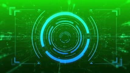 Futuristic circular heads-up display with glowing cyan and blue elements. Abstract digital rendering of a high-tech interface on a green data grid background - Powered by Adobe