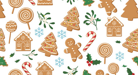 Naklejka premium Festive seamless Christmas pattern with gingerbread cookies candy canes holly and snowflakes on a clean white background.
