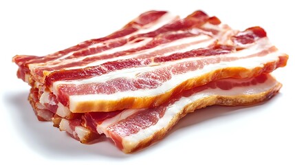 Raw bacon strips stacked in pile showing layers of red meat and white fat, ready for cooking on isolated white background.