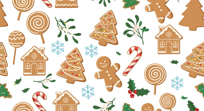 Festive seamless Christmas pattern with gingerbread cookies candy canes holly and snowflakes on a clean white background.
