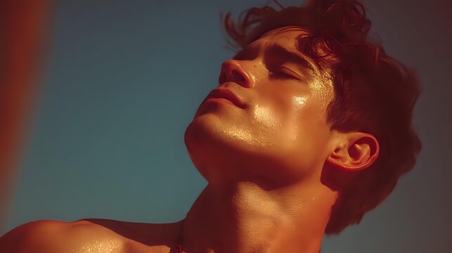 Young man with curly hair and glowing golden skin in warm sunset light against blue sky background, eyes closed in peaceful expression.