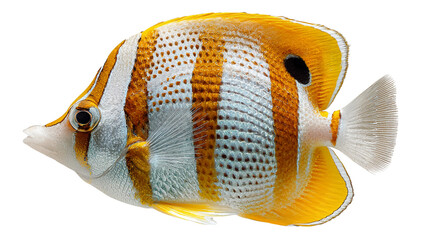 A vibrant copperband butterflyfish with striking orange and white stripes swims gracefully against a stark black background in this detailed underwater studio shot