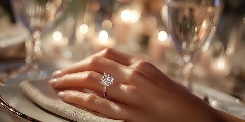 Elegant diamond engagement ring on woman's hand at romantic dinner table with soft candlelight and crystal glassware in background.