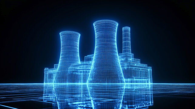 A futuristic nuclear power plant features glowing wireframe cooling towers and a reactor, set against a dark backdrop, symbolizing advanced energy solutions