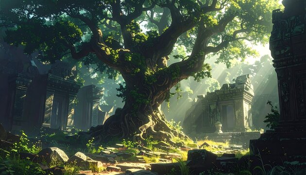 Sunlit jungle scene with crumbling stone structures and a large, ancient tree. Lush greenery and light rays create a mystical atmosphere