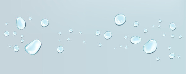 Blue transparent water drops on light background with realistic glass condensation and flowing rain texture.