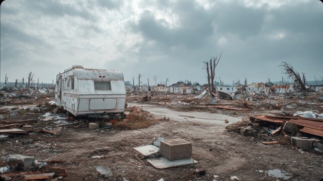 Aftermath landscape with damaged houses and trailer, post-disaster area - Powered by Adobe