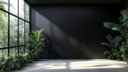 Modern minimalist interior with black wall and lush green plants