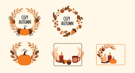 A set of five cozy autumn themed wreaths and frames with pumpkins leaves and candles for seasonal fall decorations.