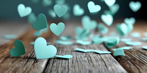 Mint green paper hearts scattered on rustic wooden surface, creating romantic atmosphere for wedding decorations, Valentine's day, or anniversary celebrations.