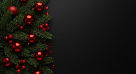Dark background with vibrant red christmas ornaments and evergreen branches framing the left side