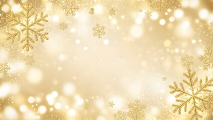 Luxurious Golden Christmas Background with Sparkling Snowflakes and Bokeh Lights