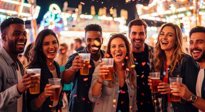A diverse group of friends laughing and toasting with beer at a lively carnival at night, with colorful lights and confetti in the air, symbolizing celebration and good times - Powered by Adobe