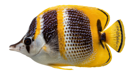 A vibrant yellow and black striped butterflyfish with intricate white markings swims gracefully against a stark black background in a studio portrait