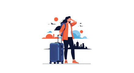 A young traveler with a suitcase and backpack looks out across a vibrant cityscape, ready for adventure and new destinations.