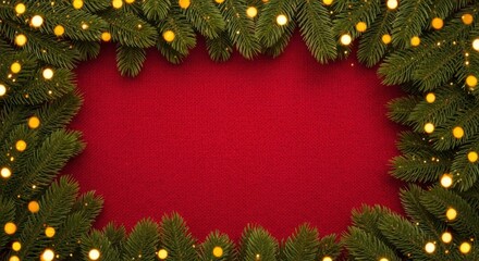Festive christmas frame border made of green fir tree branches decorated with warm glowing yellow fairy lights around a red background