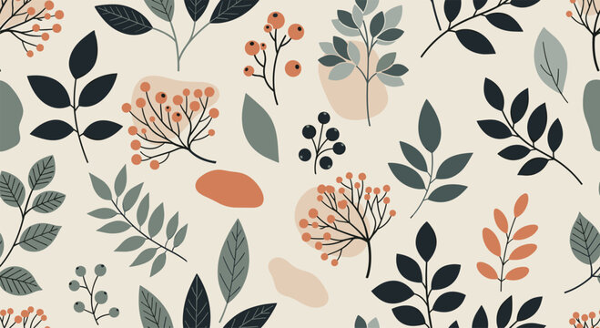 A beautiful seamless botanical pattern with various leaves and berries on a light background with abstract color shapes.