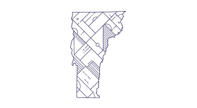 Outline map of Vermont, a U.S. state, filled with an abstract geometric pattern of lines, shapes, and circles, rendered in a modern, minimalist style.
