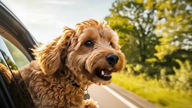 Golden doodle puppy's joyful car ride adventure, feeling the wind in its fur, expressing pure happiness on a bright, sunny day road trip adventure