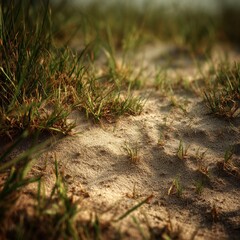 A Close-Up View of Lush Green Grass Growing on Sandy Soil in an Open Landscape at Golden Hour