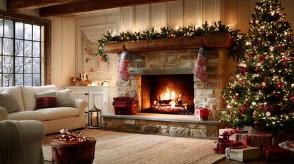 Cozy living room interior with a beautifully decorated christmas tree, festive fireplace, holiday ornaments, and warm seasonal decorations for a cheerful winter celebration