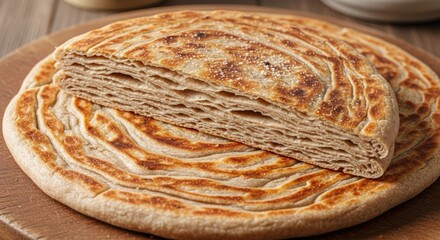 Layered flatbread on a wooden board displaying its delicate texture and inviting appearance