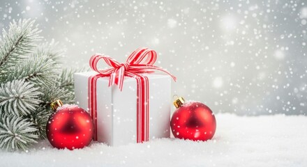 White gift box with red ribbon flanked by two red christmas ornaments in falling snow next to a pine branch