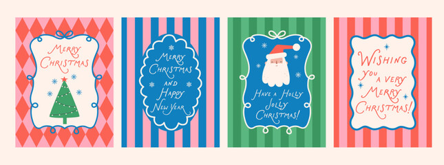 Merry Christmas card, poster, holiday background. Bright Xmas design. Whimsical Christmas set for season greetings. Happy New Year ornament with frames and stripes. 