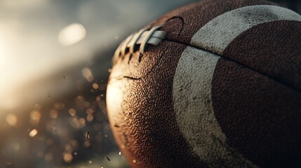 Dramatic close-up of an American football with a focus on texture and impact