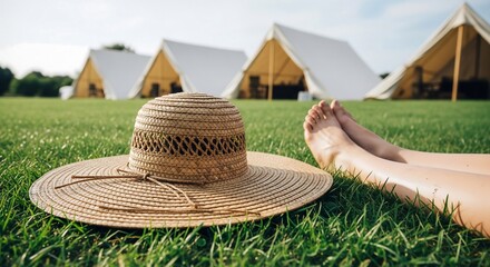 A woman relaxes on green grass with a straw hat beside her bare feet. In the background, a glamping campsite offers a luxury outdoor vacation
