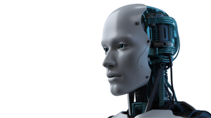 A realistic robot head shows its internal complex machinery and human like features against a dark background.
