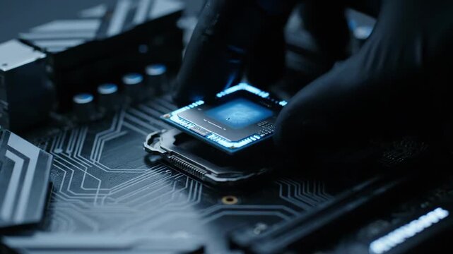 Cinematic 4K Slow Motion: Hand installing a Central Processing Unit (CPU) on a circuit board, triggering red digital data transmission and light effects.