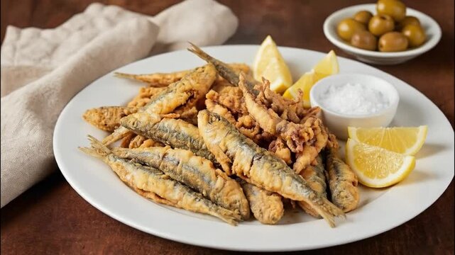Fritura andaluza de pescado con boquerones y calamares, acompa&ntilde;ada de gajos de lim&oacute;n, sal marina y aceitunas verdes