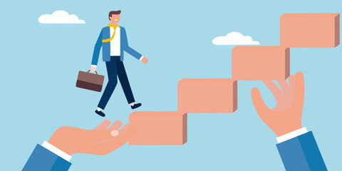 Business growth and support man climbing steps built by helping hands