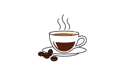 A graphic illustration depicts a steaming hot cup of coffee, complete with a saucer and roasted coffee beans, set against a pristine white background.