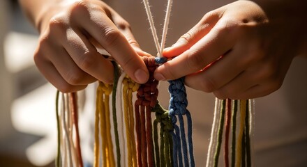Close-up of hands crafting macrame. Handmade macrame wall hanging, a DIY craft project. Artisan creates a knotted pattern with colorful threads