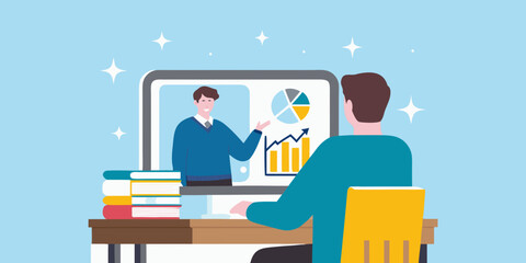 Online business meeting and presentation with chart and graph on computer