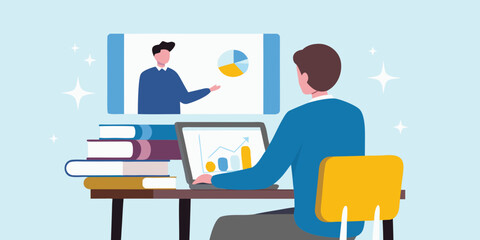 Man attending online business meeting with data analysis on laptop