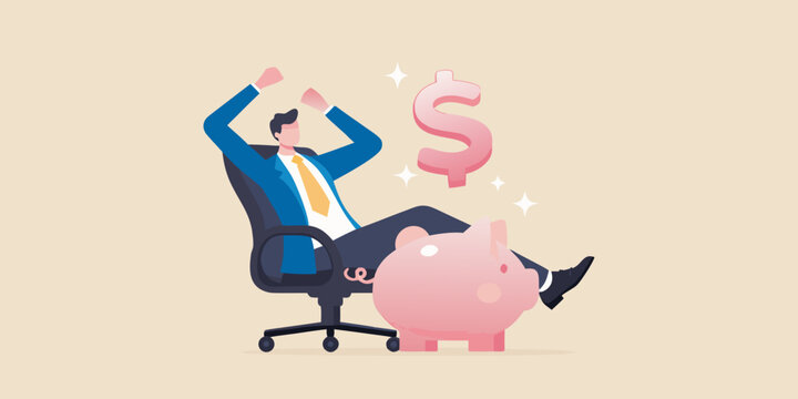 Successful businessman relaxing with a piggy bank and dollar sign