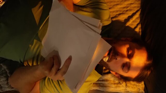 Top view man lying on couch filling papers creative process marker cap in mouth evening warm window light shadow on face home work in bed relaxed cozy atmosphere