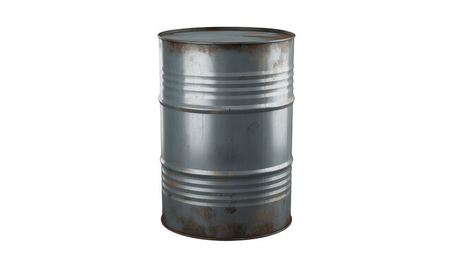 A metallic barrel stands alone on a dark background with slight rust markings.
