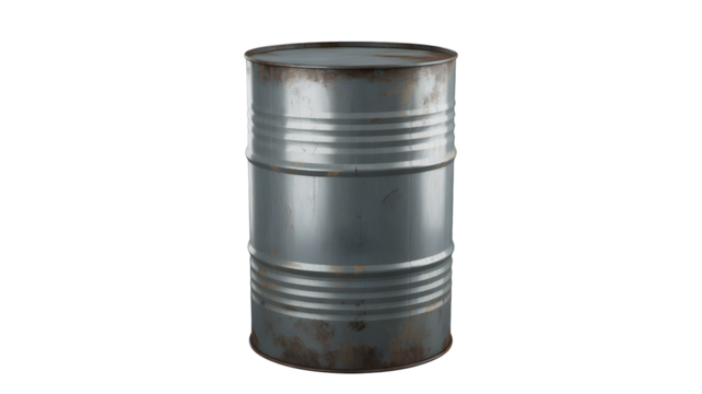 A metallic barrel stands alone on a dark background with slight rust markings.