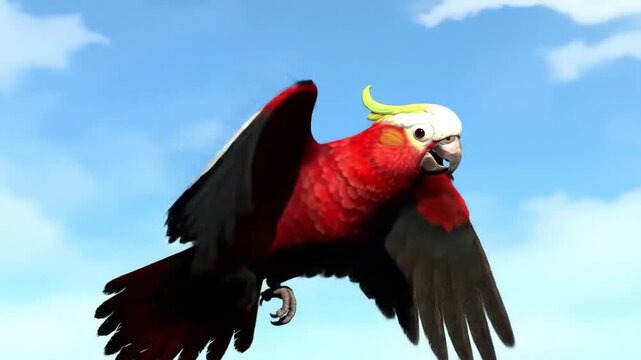 Animated red parrot flying in the sky, wing spread, blue sky background, for graphic design, wallpaper use