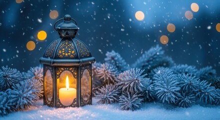 Ornate lantern with a glowing candle sits in the snow surrounded by frosted pine branches under falling snow