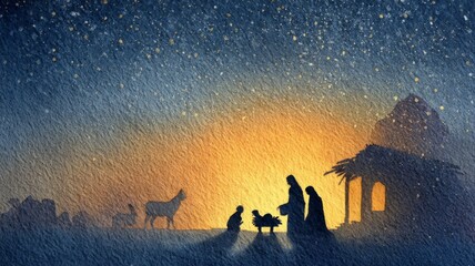 Traditional nativity scene with baby jesus, mary, joseph, and wise men surrounded by festive christmas decorations, warm candlelight, and seasonal holiday elements for greeting cards and winter celebr