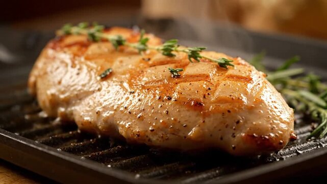 A succulent grilled chicken breast, perfectly seared with beautiful grill marks on a hot cast iron pan, steaming and garnished with fresh thyme