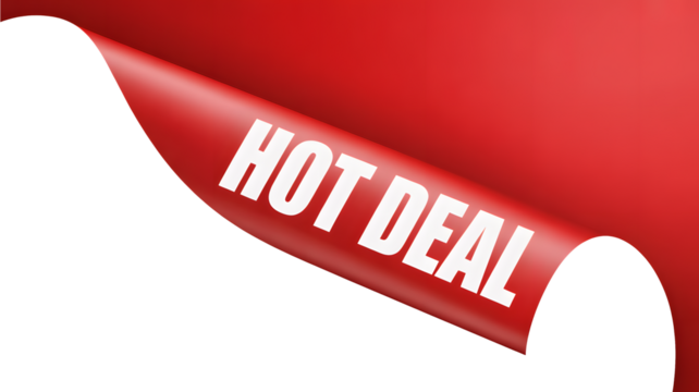 A bright red banner with white text saying hot deal is displayed on a black background.