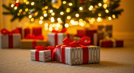 Closeup of beautifully wrapped silver and red christmas presents sitting on carpet beneath a glowing holiday tree