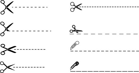 Fototapeta premium Perforation Guides Scissors and Box Cutter with Dashed Cut Lines for Printable Templates and Crafting Patterns